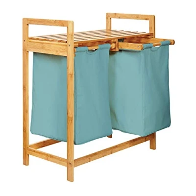 Abbildung von Lumaland Ausziehwäschekorb Bambus mit 2 ausziehbaren Wäschesäcken 73x64x33cm, Wäschesammler Deckel, Pflegeleichtes Material,  leicht abwischbar