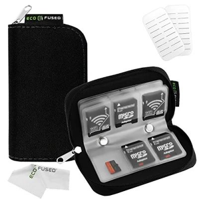 Abbildung von Speicherkarten Tragetasche Geeignet für SDHC und SD Cards 8 Seiten 22 Slots ECO kondensierten Mikrofaser Reinigungstuch Inklusive (Schwarz)