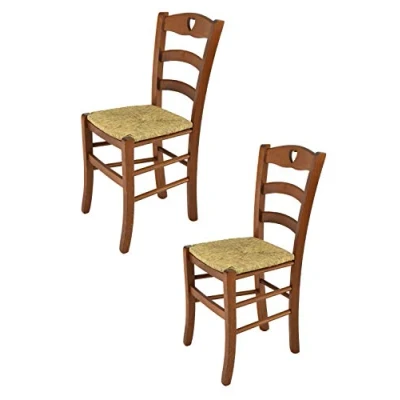 Abbildung von t m c s Tommychairs 2er Set Stühle Cuore für Küche und Esszimmer, Robuste Struktur aus lackiertem Buchenholz im Farbton Helles Nussbraun lackiert Sitzfläche Stroh