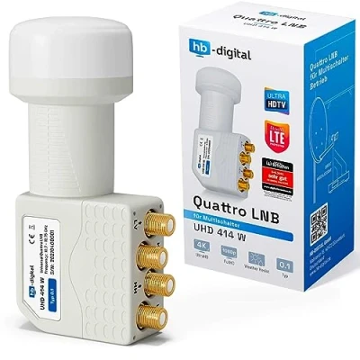 Abbildung von HB DIGITAL LNB Quattro UHD 414W für Multischalter wasserdicht Universal Single (für 4 Teilnehmer, Die vergoldeten F Anschlüsse noch bessere Signalübertragung)