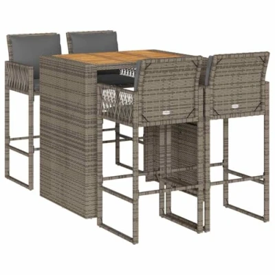 Abbildung von vidaXL 5 TLG. Gartenbar Set mit Kissen Grau Poly Rattan Akazie, Garten Bar Set, Outdoor Bartisch und Stühle, Gartenbar, Terrasse