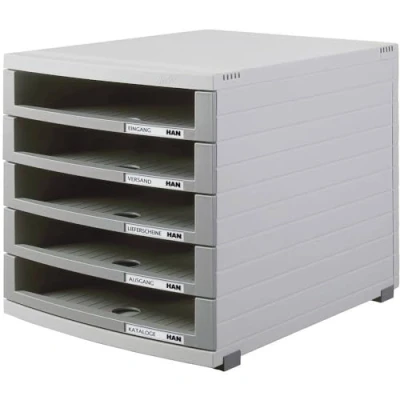 Abbildung von HAN Schubladenbox CONTUR mit 5 hohen offenen Schubladen bis Format B4, Auszugsperre, Beschriftungsschilder, Gummifüße, modular erweiterbares Schubladensystem, 1505 0 19, lichtgrau dunkelgrau