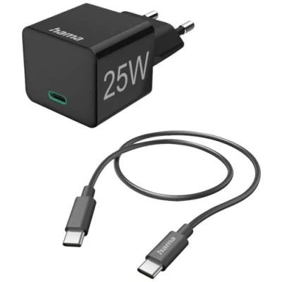 Abbildung von Hama Schnellladegerät, mit USB C Ladekabel (Set, Ladeadapter 25 Watt, PD 3.0, Quick Charge, Kabel auf C, Ladegerät, schnellladen, klein, 1,5m Kabel) schwarz