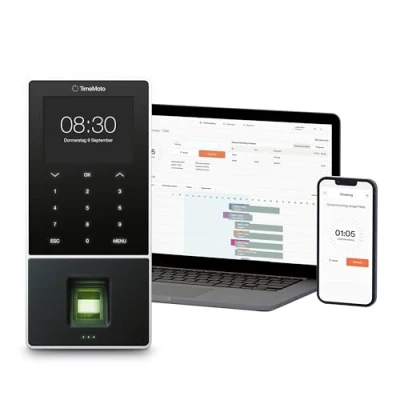 Abbildung von TimeMoto TM 828 SC Cloud basiertes Zeiterfassungsgerät mit Fingerabdrucksensor, kompatibel kontaktlosen Chipkarten, RFID Ausweis, PIN, 2.000 Benutzer, Terminplanung, Arbeitszeitberichte, Wi Fi