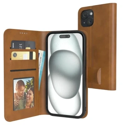 Abbildung von EAZY Case Klapphülle für iPhone 15 Hülle klappbar mit Kameraschutz Schutzhülle Magnet Flip Ständer Kunstleder Klapptasche Kartenfach Sichtfenster Foto Premium Handyhülle Hell Braun