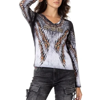 Abbildung von Cipo &amp; Baxx Damen Langarmshirt Longsleeve V Ausschnitt Alloverprint mit Strassteine Sweatshirt Pullover WL353 Anthracite XL