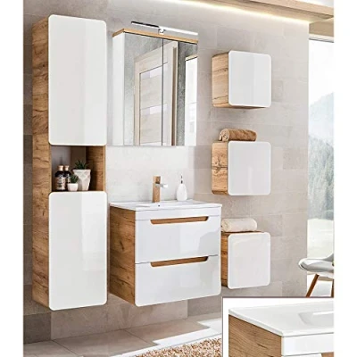 Abbildung von Lomadox Badmöbel Komplett Set, Hochglanz weiß mit Wotan Eiche Nb., 61 cm Keramik Waschtisch, LED Spiegelschrank, Hochschrank und 3 Hängeschränke
