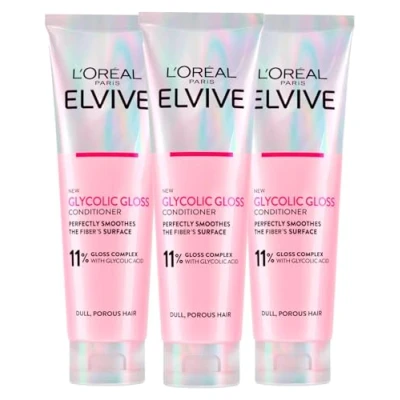 Abbildung von L&#039;Oréal Paris Elvive Glycolic Gloss Conditioner mit Glykolsäure für stumpfes und poröses Haar, intensiver langanhaltender Glanz 3 Flaschen à 150 ml