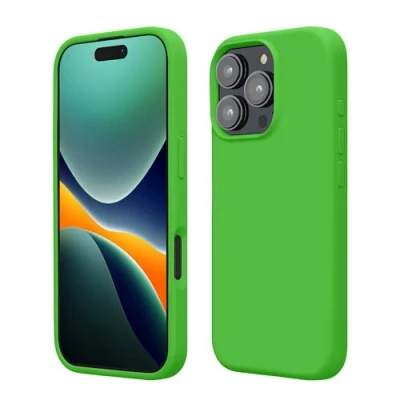 Abbildung von kwmobile Hülle kompatibel mit iPhone 16 Pro Max Silikon Handy Case Handyhülle weiche Oberfläche kabelloses Laden Limettengrün