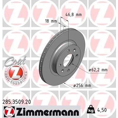 Abbildung von ZIMMERMANN COAT Z 285.3509.20 Bremsscheibe 256 18 6/4 4 100 innenbelüftet beschichtet HYUNDAI: i20 I Schrägheck