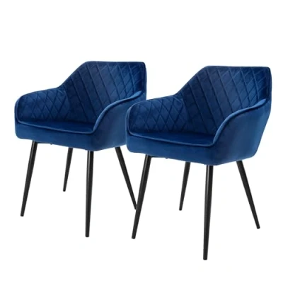 Abbildung von ML Design 2er Set Esszimmerstühle mit Armlehne und Rückenlehne, Dunkelblau, Küchenstuhl Samtbezug, Polsterstuhl Metallbeinen, Ergonomischer Stuhl für Esstisch, Esszimmerstuhl Wohnzimmerstuhl