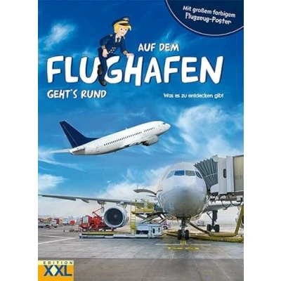 Abbildung von Auf dem Flughafen geht&#039;s rund mit großem, farbigem Flugzeug Poster: Was es zu entdecken gibt