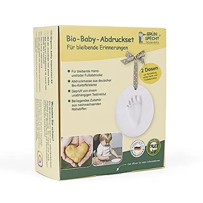 Abbildung von GRÜNSPECHT Bio Baby Abdruckset, 2 Dosen Abdruckmasse &amp; Zubehör, Handabdruck Fußabdruck, aus zertifizierter Kartoffelstärke, Geschenk Geburt (679 00)