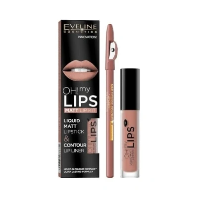 Abbildung von Eveline Cosmetics Oh! My Lips Matte Flüssiger Lippenstift und Lipliner Set 14 Feuchtigkeitsspendende, langanhaltende Formel mit Vitamin E &amp; Hyaluronsäure