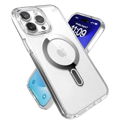 Abbildung von Speck Klare iPhone 15 Pro Max Hülle ClickLock rutschfeste Interlock, gebaut für MagSafe, Fallschutz Kratzfest, vergilbungsfrei, 16,7 cm (6,7 Zoll) Presidio Clear/Chrome