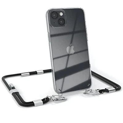 Abbildung von EAZY CASE kombinierbare Handyketten kompatibel mit iPhone 14 Plus, Transparente Silikon Hülle stylischen rundem Umhängeband, abnehmbar durch Karabiner, Umhängetasche, Schwarz Clips Silber