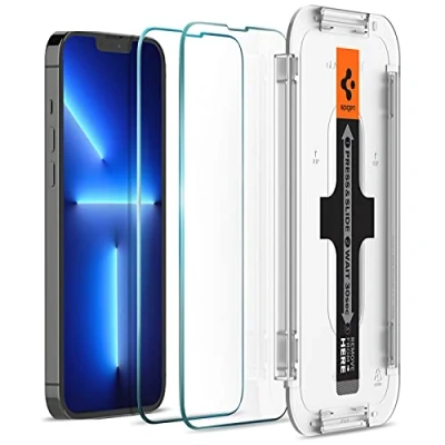 Abbildung von Spigen Glas.tR EZ Fit Schutzfolie kompatibel mit iPhone 14 Plus, 13 Pro Max, 2 Stück, Sensor Schutz, Kratzfest, 9H Härte Folie