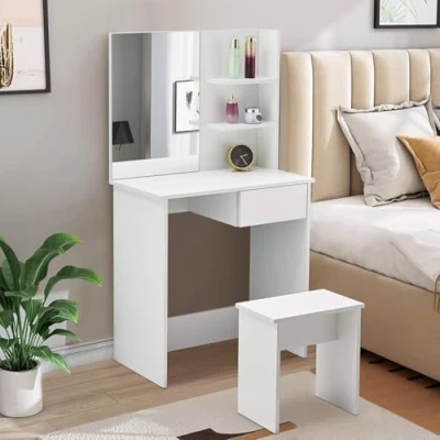 Abbildung von CLIPOP Schminktisch mit Hocker &amp; Spiegel Frisiertisch Schublade Regal Kosmetiktisch Frisierkommode Weiß Modern