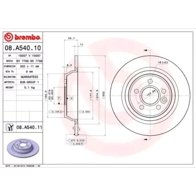 Abbildung von BREMBO Bremsscheibe FORD: S Max Mk1, Focus 2 Schrägheck, MONDEO 4 Turnier, LAND ROVER: Range Rover Evoque, Evoque Cabrio 302mm 11mm 5 voll