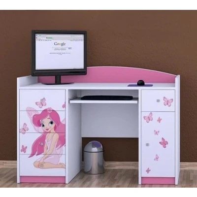 Abbildung von Happy Babies Schreibtisch mit Schubladen Bürotisch für Kinderzimmer Computertisch Tastaturablage Kinderschreibtisch Stauraum 125x89x60 Muster Schmetterlinge und Fee
