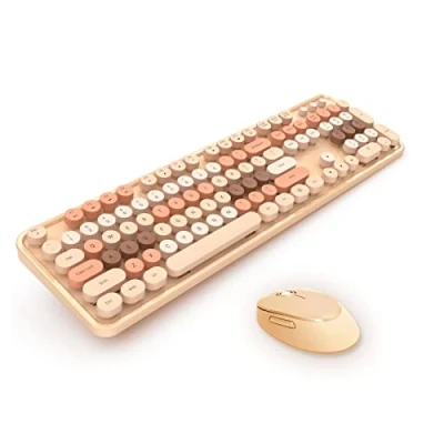 Abbildung von Kabelloses Tastatur und Maus Kombi Set, 104 Runde Tasten Bunte Süße Retro Tastatur, Schreibmaschinentastatur für Windows XP/win7/win8/win10(Milchtee gemischt)