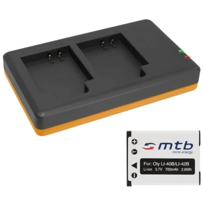 Abbildung von Akku + Dual Ladegerät (USB) Li 40b, 42b kompatibel mit Olympus FE .. mju.. µ.. TG.. VG.. VR.. X.. s. Liste