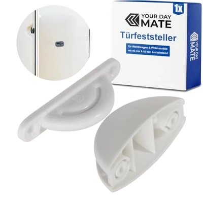 Abbildung von Türfeststeller für Wohnwagen, 1 Pack, in Weiß, zum Anschrauben, mit 46 mm und 63 Lochabstand, Türschloss Stauraum Tür Camper, Türhalter Serviceklappe Wohnmobil, Türschnapper Campervan, Türsicherung