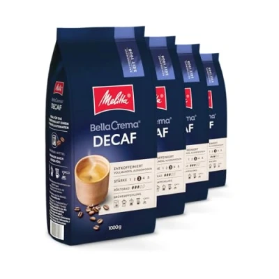 Abbildung von Melitta BellaCrema Decaf Ganze Kaffee Bohnen entkoffeiniert 4 x 1kg, ungemahlen, Kaffeebohnen für Vollautomat, koffeinfrei, milde Röstung, geröstet in Deutschland, Stärke 3