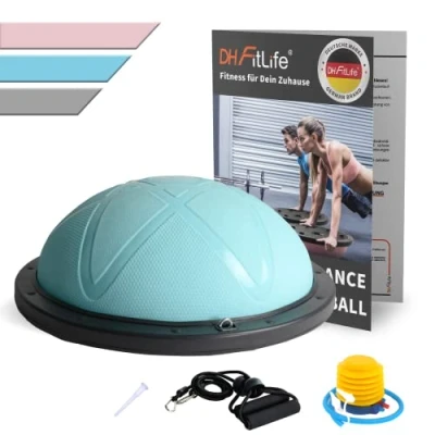 Abbildung von DH FitLife Balanceboard Balance ball, bosu Yoga Gleichgewichtstrainer, beidseitig einsetzbar, Φ60*22cm bis 200 KG, mit Pumpe &amp; 2 bändern