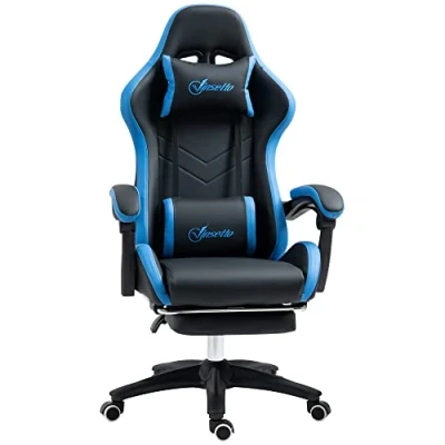 Abbildung von Vinsetto Gaming Stuhl Bürostuhl Computerstuhl mit Lendenkissen, Kopfstütze, Sessel, höhenverstellbarer Schreibtischstuhl Fußstütze, Kunstleder, Schwarz+Blau