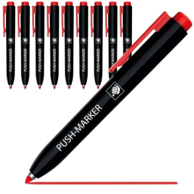 Abbildung von EXPERT Push Marker 10er Set in Rot Wasserfeste Markierer mit Klick Technologie Schnelltrocknend &amp; nachfüllbar Druckknopf für Einhandbedienung Permanent Stift glatte