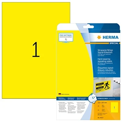 Abbildung von HERMA 8033 Wetterfeste Folienetiketten, 25 Blatt, 210 x 297 mm, 1 pro A4 Bogen, Stück, selbstklebend, bedruckbar, matt, blanko Outdoor Signal Etiketten Aufkleber aus Folie, gelb