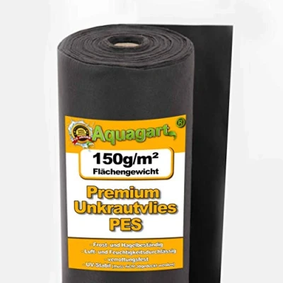 Abbildung von Aquagart Unkrautvlies schwarz PES 150g I Unkrautschutzfolie für Garten &amp; Hochbeet Gartenvlies Unkrautsperre Wasserdurchlässige Unkrautfolie Robustes Schutzvlies 55m lang 1m breit