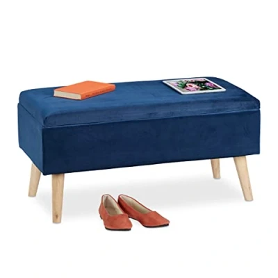Abbildung von Relaxdays Sitzbank mit Stauraum, Samtbezug, 40 L, gepolstert, Holzbeine, Flur, 2er Truhenbank, 41x80x40 cm, dunkelblau