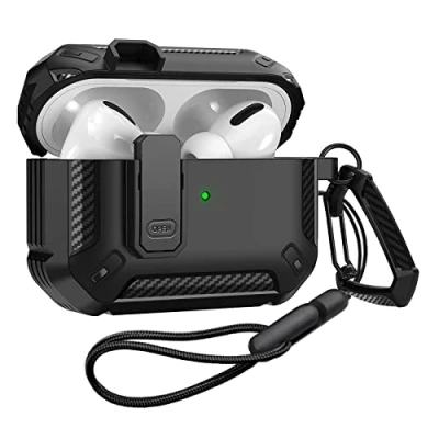 Abbildung von Hülle für Airpods Pro 2 Generation mit Verschlussdeckel, stoßfestes AirPod Case Cover 2022 Schutzhülle, Armor Skin Shell Apple Charging Schwarz