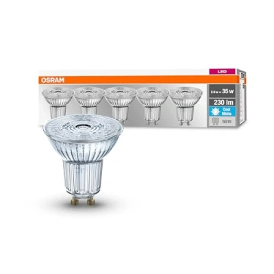 Abbildung von OSRAM LED Base PAR16, Sockel: GU10, Nicht Dimmbar, Kaltweiß, Ersetzt eine herkömmliche 35 Watt Lampe, 36 Grad Abstrahlwinkel, 5 er Pack