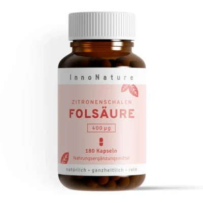 Abbildung von InnoNature Folsäure Kapseln natürlich aus Zitronenschalen 180 Kapseln, 400 µg pro Kapsel glutenfrei, vegan, pflanzlich