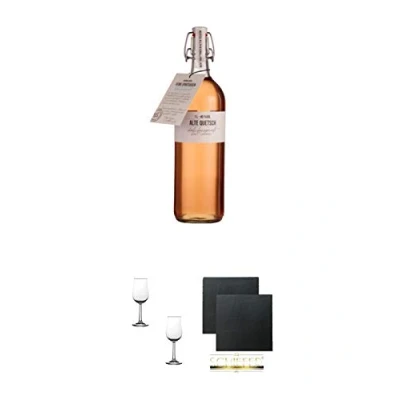 Abbildung von Birkenhof Alte Quetsch Edition Fasslagerung 1,0 Liter Deutschland + Nosing Gläser Kelchglas Bugatti mit Eichstrich 2cl und 4cl 2 Stück Schiefer Glasuntersetzer eckig ca. 9,5 cm Ø
