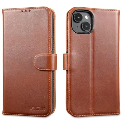 Abbildung von LENSUN Echtleder Hülle für iPhone 15 Plus, Handyhülle Echt Leder [Magnetverschluss][RFID Schutz] Handytasche Lederhülle Schutzhülle Plus 5G Dunkelbraun