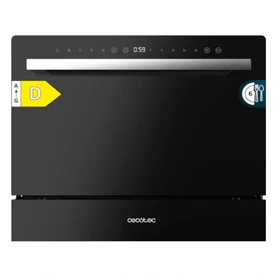 Abbildung von Cecotec Kompakt Geschirrspüler für 6 Gedecke Bolero Aguazero 2400 Black Glass. 1380W, Schwarzglas Finish, 5 Programme, Touch Bedienfeld, programmierbar bis 24 Stunden, Kindersicherung und Besteckkorb