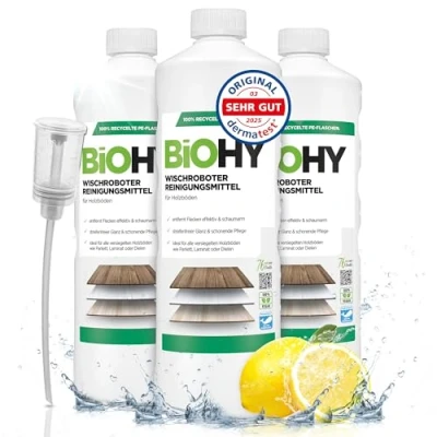 Abbildung von BiOHY Wischroboter Reinigungsmittel (3 x 1 Liter) + Dosierer Bodenreiniger Mittel für Holzböden Laminat &amp; Parkettpflege streifenfreier Glanz auf wasserfestem Holz schaumarmes Konzentrat