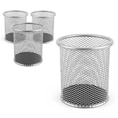 Abbildung von Leviatan Metall Stifteköcher 24 Stück Stiftehalter rund aus Drahtmetall Mesh Multifunktions Becher für Kugelschreiber Ø91 mm Silber