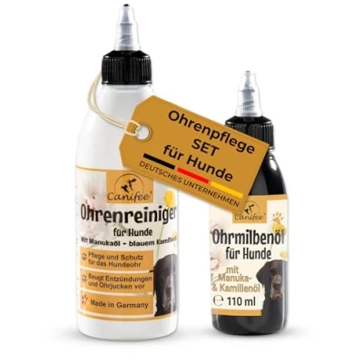 Abbildung von Canifee Ohren Pflege Set für Hunde 250ml Ohrreiniger und 110ml Ohrenmilbenöl im Set, effektive Reinigung nachhaltige