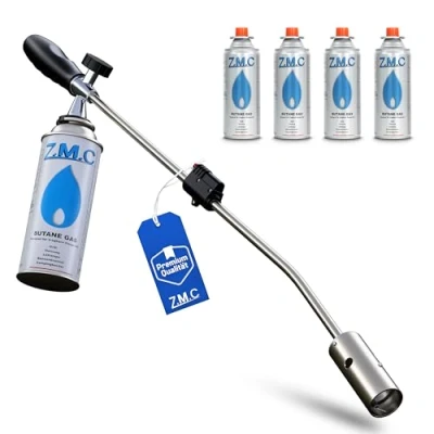 Abbildung von ZMC Unkrautvernichter 2,5 kW + 4 Gaskartuschen 227g, Unkrautbrenner mit Piezo Zündung, Abflammgerät einstellbarer Flammenleistung bis zu 1400 C, für den unkrautfreien Garten und Gehweg
