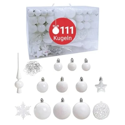 Abbildung von WOMA Christbaumkugeln Set Weiß &amp; 19 weiteren Farben 111er Weihnachtskugeln inkl. Metallhaken Kunststoff Weihnachtsbaum Deko Christbaumschmuck