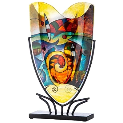 Abbildung von GILDE GLAS art Deko Vase auf schwarzem Metall Ständer Kunstobjekt handbemalt Mehrfarbig Höhe 48 cm