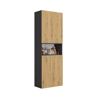 Abbildung von CDF Bad Hochschrank NEL 1K DK Farbe: Eiche Artisan/Anthrazit Modernes Badregal Stauraumschrank Geräumige Einlegeböden Türen Einfache Montage 1 Wäschekrob Stilvolle Griffe