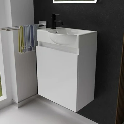 Abbildung von Alpenberger Waschbecken Gäste WC mit Unterschrank Hängeschrank Vormontiert (2 tlg. Waschbecken, Badezimmerschrank Set Möbel), Waschbeckenunterschrank Weiss Bad Schrank Hängend