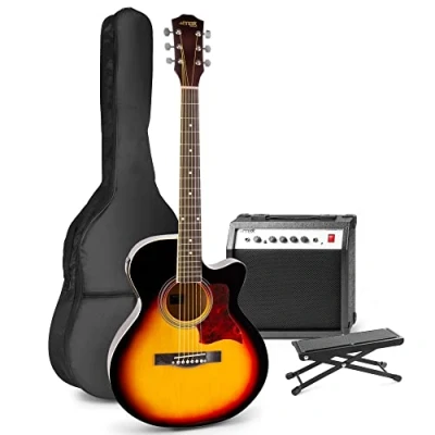 Abbildung von MAX ShowKit Elektro Akustik Gitarre Set mit Verstärker 40 Watt, Gitarrentasche, Fußhocker, Gitarrenstimmgerät, Instrumentenkabel, Plektrum und E Akustikgitarre Tonabnehmer Sunburst