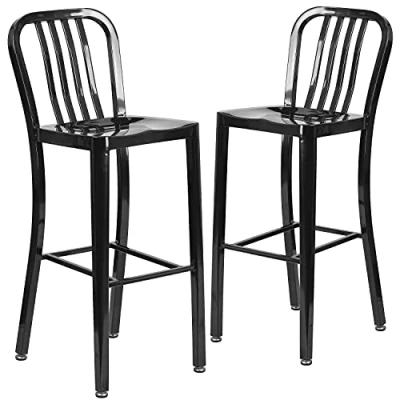 Abbildung von Flash Furniture Barhocker mit vertikaler Schiefer Rückseite für den Innen und Außenbereich, aus Metall, 76,2 cm hoch, 2er Pack, Schwarz